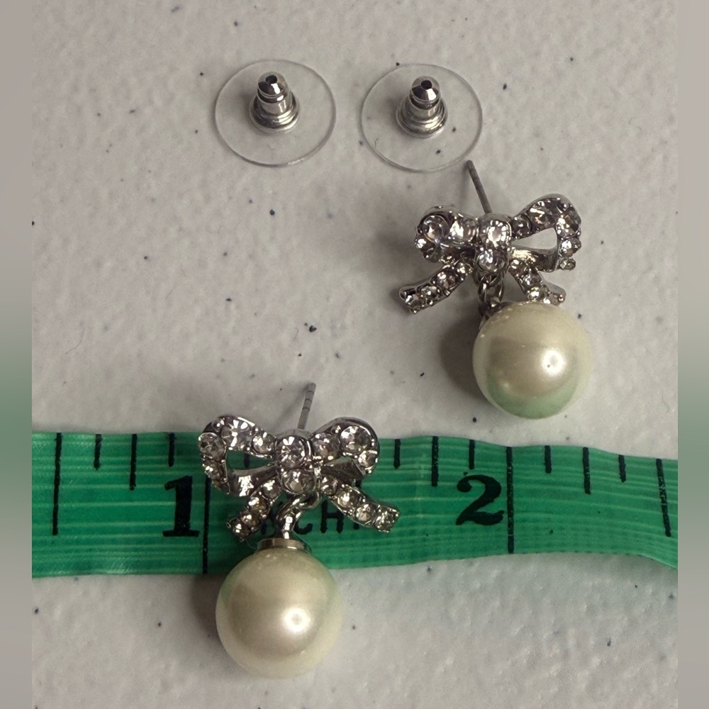 NWT Charter Club Silver Tone Bow with Drop Faux Pearl Stud Earrings - Picture 6 of 6